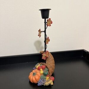 VTG Thanksgiving Cornucopia Maple Leaf  Pumpkin Taper Candle Holder Metal Resin